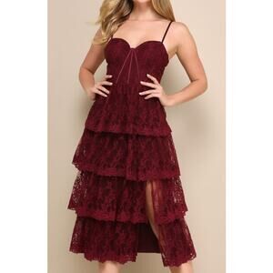 LULU'S  XL Exceptional Persona Wine Red Lace Tiered Bustier Midi Dress NEW B32